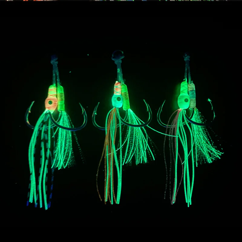 FUNADAIKO New 1/0 2/0 3/0 4/0 5/0 7/0 Strong Pike Fishing Jigging Double Luminous Assist Hooks Saltwater Sea Fishhook