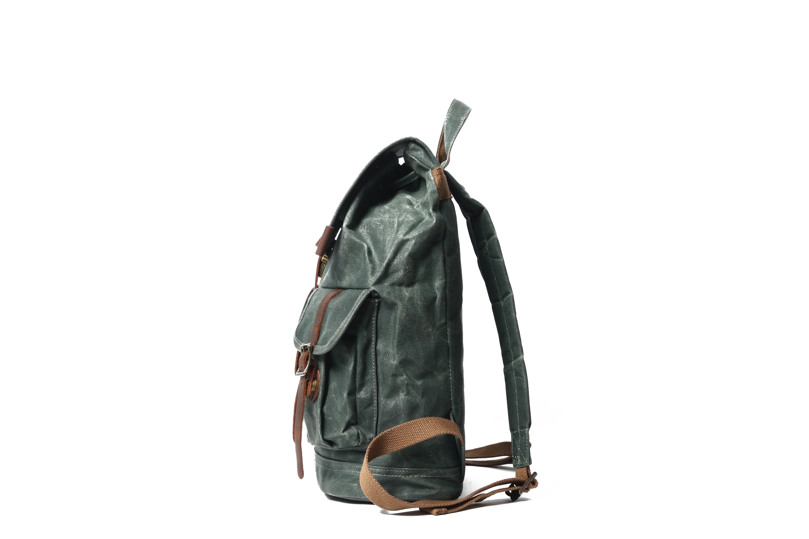 
Heavy waxed canvas crazy horse leather bagpack waterproof laptop drawstring backpack 