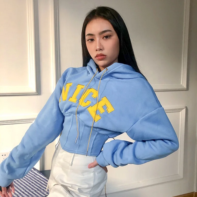 
Casual Street Wear Pullover Embroidery Letter Cropped Hoodie Sweatshirts Women Crop Top 