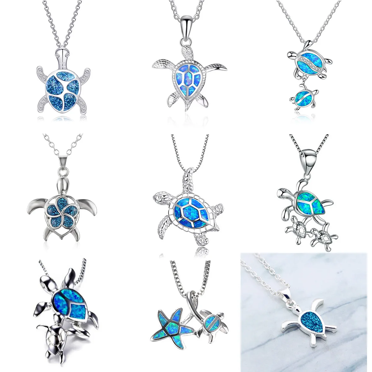 Fashion Silver Filled Blue Opal Sea Turtle Pendant Necklace Animal Beach Jewelry Accessory for women