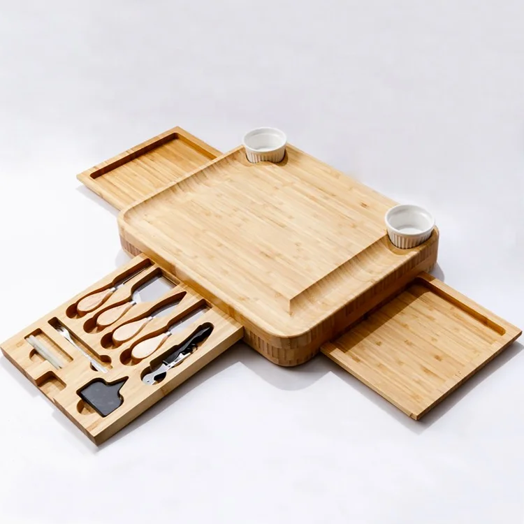 Rectangle  with 3 slide-out Drawers 2 Ceramic bowl  bamboo cheese platter charcuterie  board set