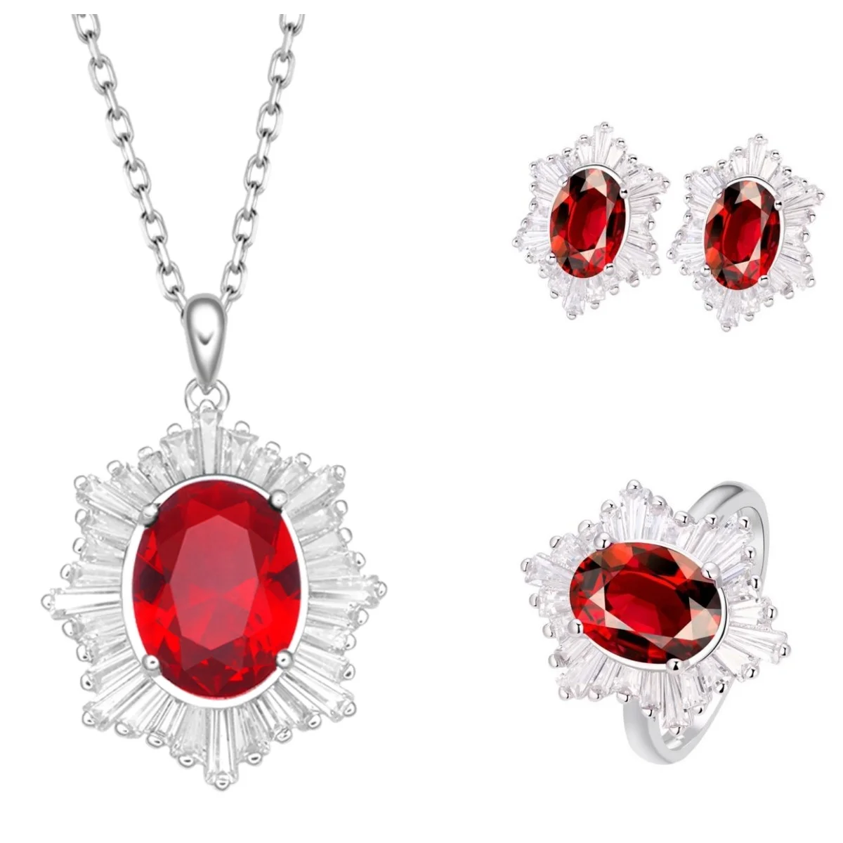 Vintage 925 Silver Ruby 5A Cube Zirconia Pendant Necklace Oval Earrings Ring Women Fine Jewelry Set For Gifts