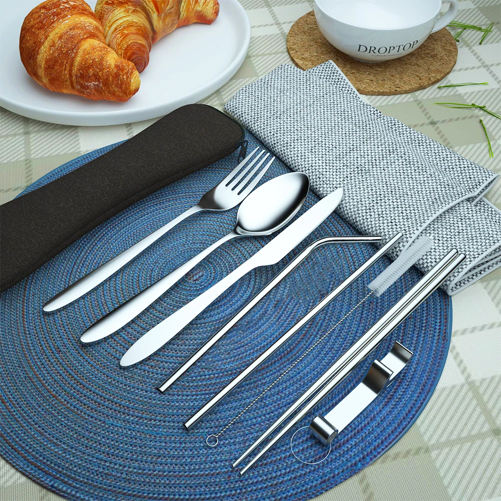  Travel Cutlery Set stainless steel spoon fork and chopsticks in a neoprene zip pouch comes with your