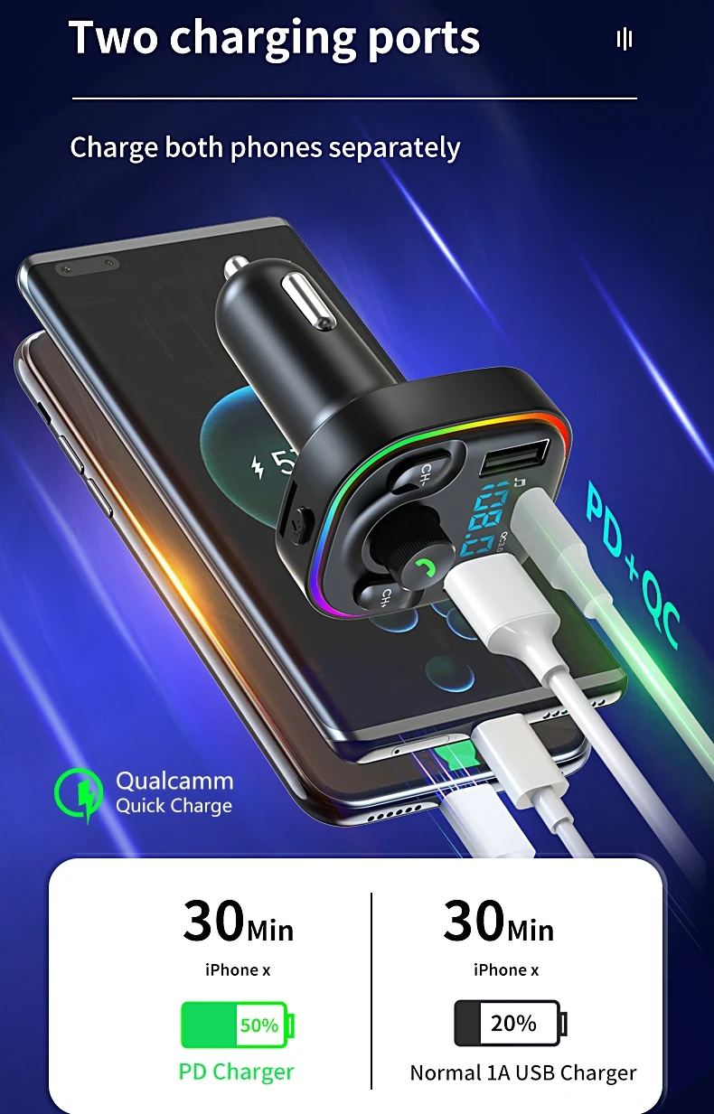 20W Universal 5V3A G47 Car LCD Bluetooth MP3 Player Hands-Free Dual USB Charger for IP13 PRO 7 8 Plus Mobile Phone Adapter