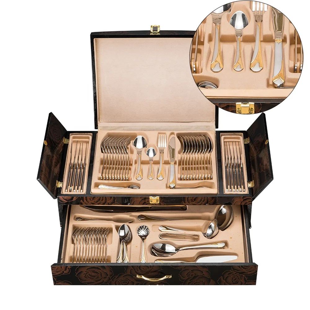 Customized Wedding Knife Fork Spoon Gift Box Luxury Stainless Steel Gold Flatware Cutlery