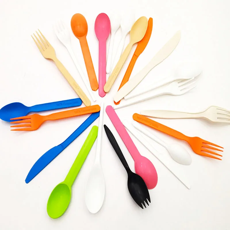 fancy custom  plastic biodegradable PLA disposable knife fork spoon flatware cutlery set