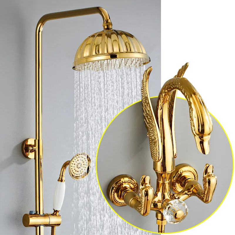 Brass Bathroom Shower Faucet Set Triple Function Golden Swan Shower System