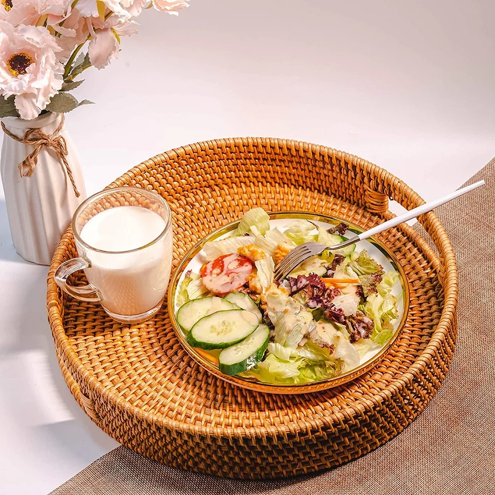 Круглая плетеная поднос из ротанга домашняя корзина для хранения ванной комнаты с тарелкой блюдо закуски хлеб фрукты кофе косметика
