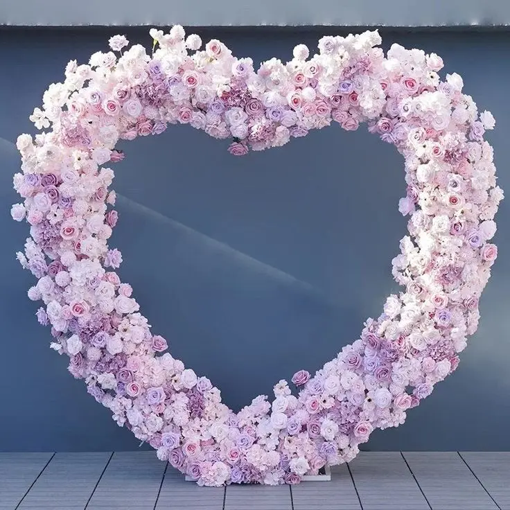 Wedding White Silk Flowers Round Arch Horn Artificial Rose heart shape floral Heart Arch Flower For Wedding Rental Props Decor