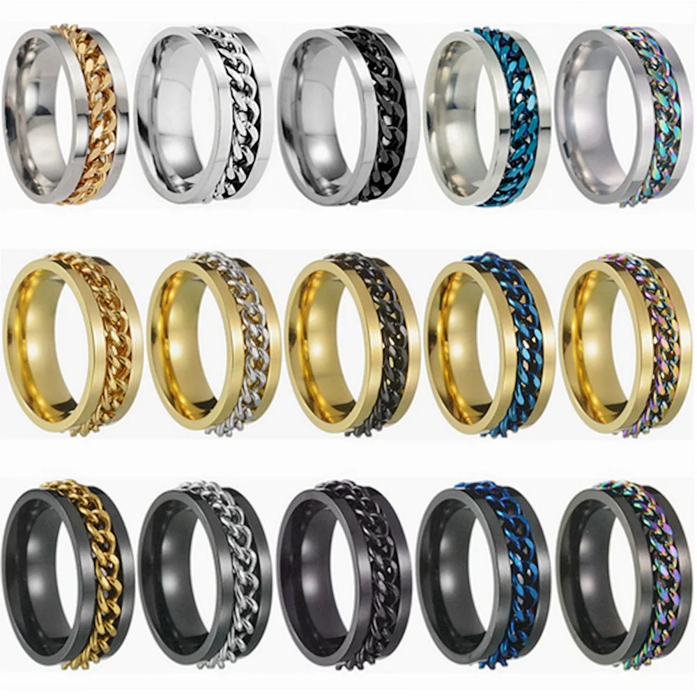 304 Stainless Steel Hip Hop Punk Chain Spinning Jewelry Embossed Anxiety Relief Fidget Rings