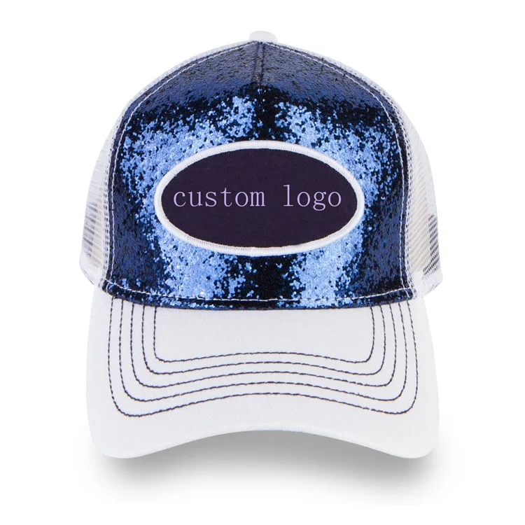 Custom logo embroidery  iconic logo patch Curved bill mesh cap pu leather navy glitter trucker hat caps for women