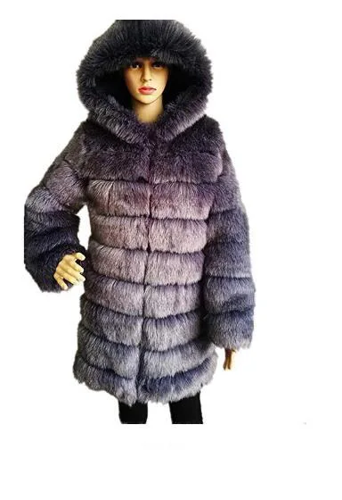 Пушистые пальто с капюшоном из искусственного лисьего меха в европейском стиле, длинная дизайнерская женская верхняя одежда