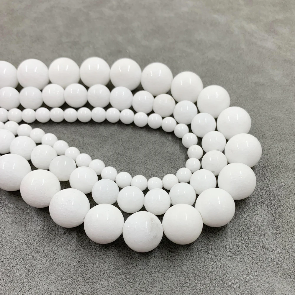 White Jade Smooth Gemstone Round Natural Stone Loose Beads Strand For Jewelry Handmade Making DIY Bracelet