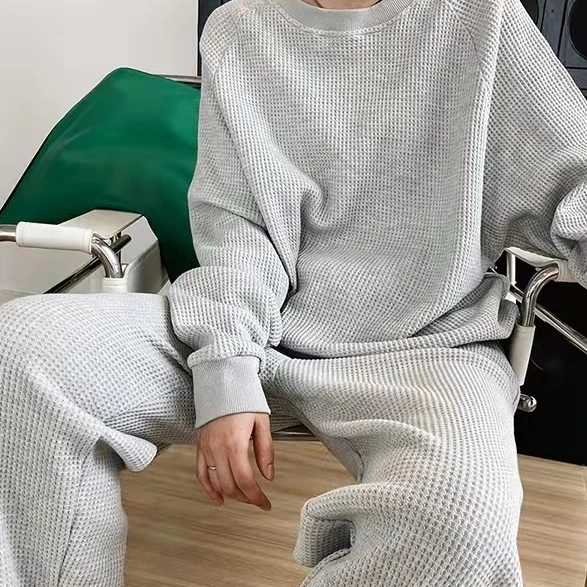 Waffle sweatshirt corset sweatshirt women two-piece autumn loose fashion high quality  casual sports suit women