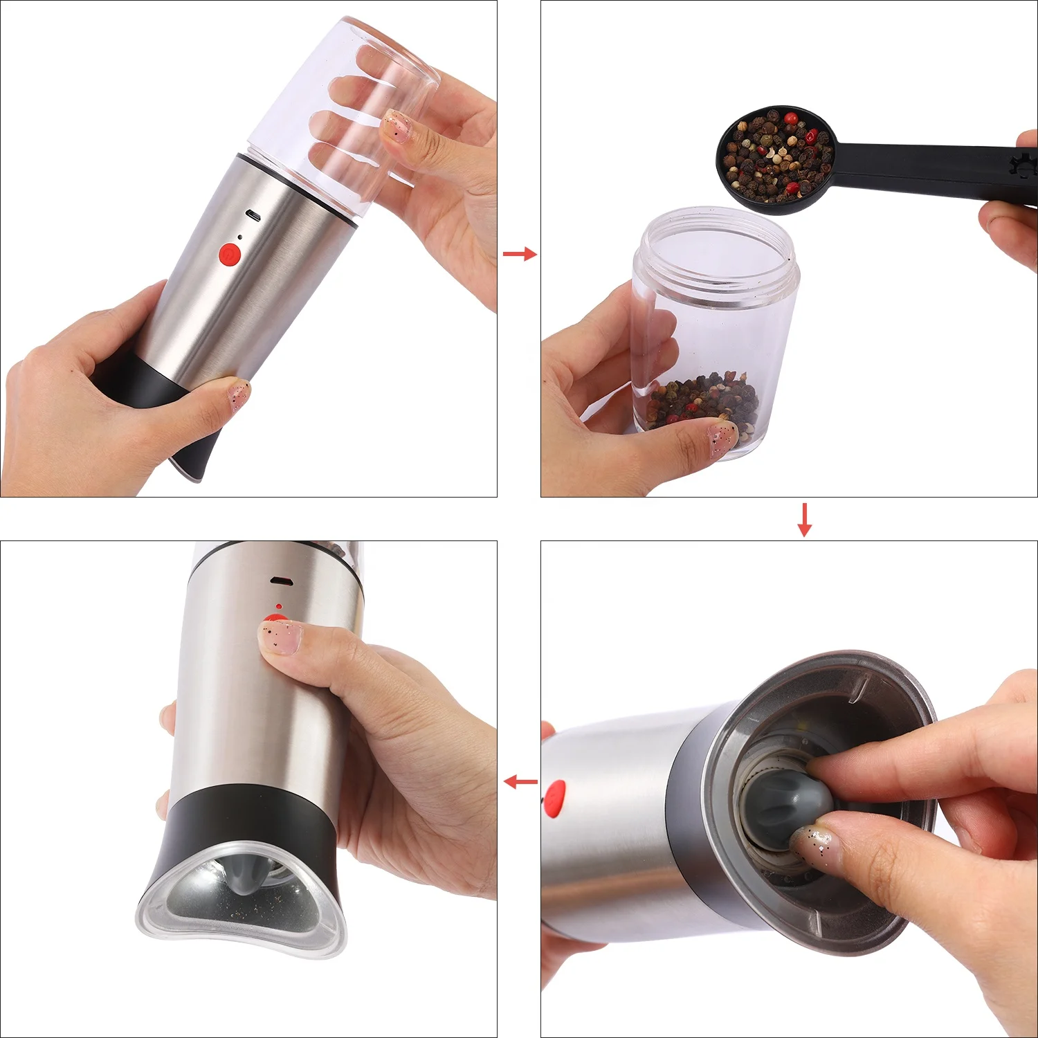 USB Rechargeable Electric Ceramic Gravity Salt and Pepper Grinder Adjustable Coarseness for Spice Grinding