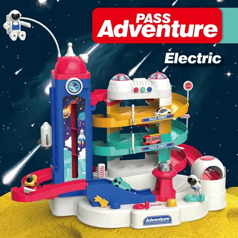 Electric DIY Storytelling Brain Game Multilayer Slot Race Track Toys Space Track Car Adventure Toy with 4 Mini Cars