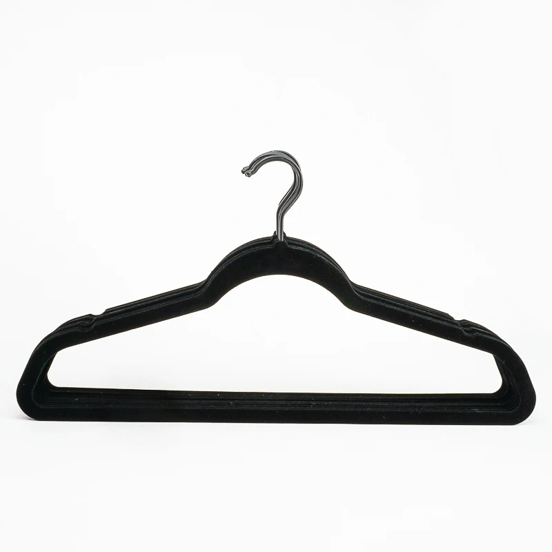 Wholesale Velvet Hangers Cheap Plastic Black Non Slip Flocked Clothes Hanger Chrome Hook