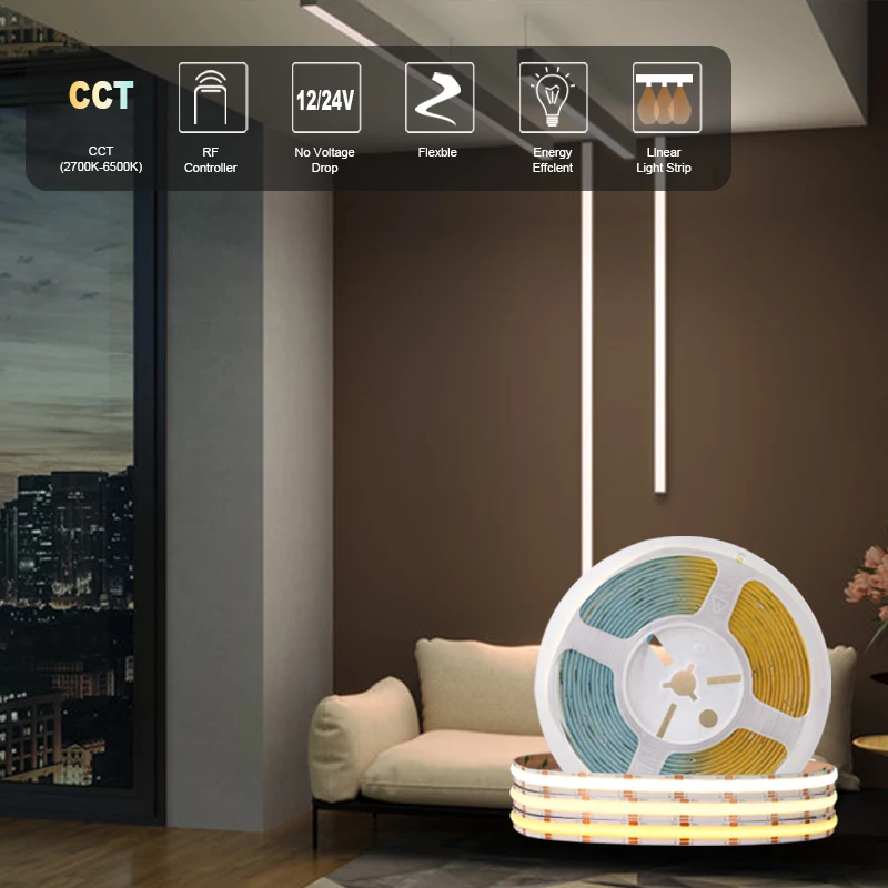 COXO 3 Years Warranty cct three colour cob led strip 608led 10mm wide 12v 24v Double Color cct cob led strip