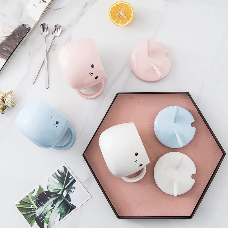 Creative Cute New Style Rabbit Ears Heating Water Color Changing Ceramic Cup With Spoon And Lid
