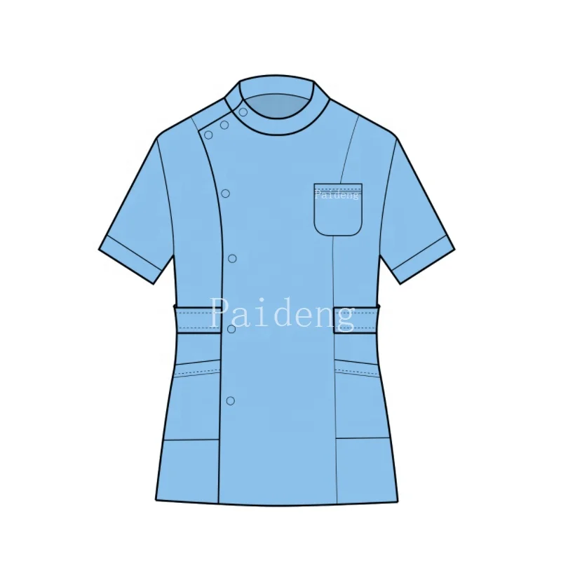 European Fashion Trends Logo Print Cotton Polyester Spandex Knitted Hospital Work Uniforms Stretch Turn Over Collar Scrub Set