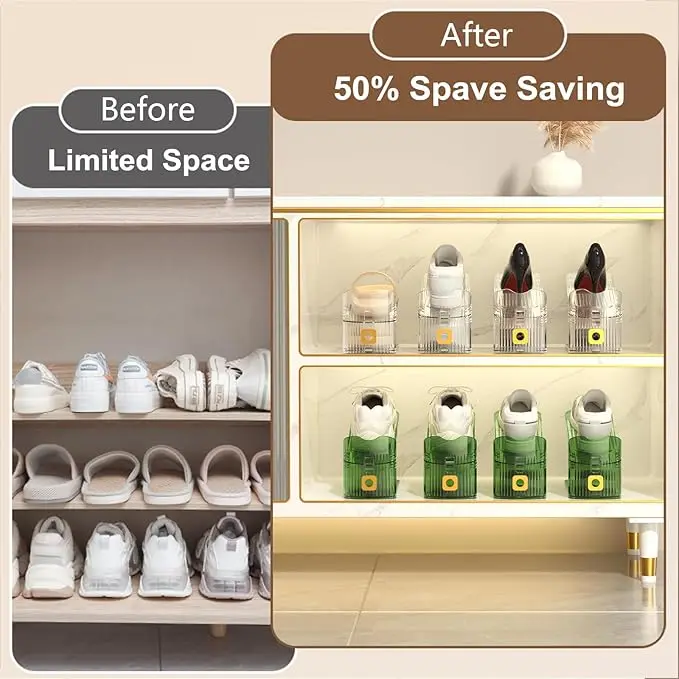 10-Pack Clear Plastic Shoe Slots Organizer Adjustable Shoe Stacker for Small Space for Wardrobe Shoe Rack & Storage