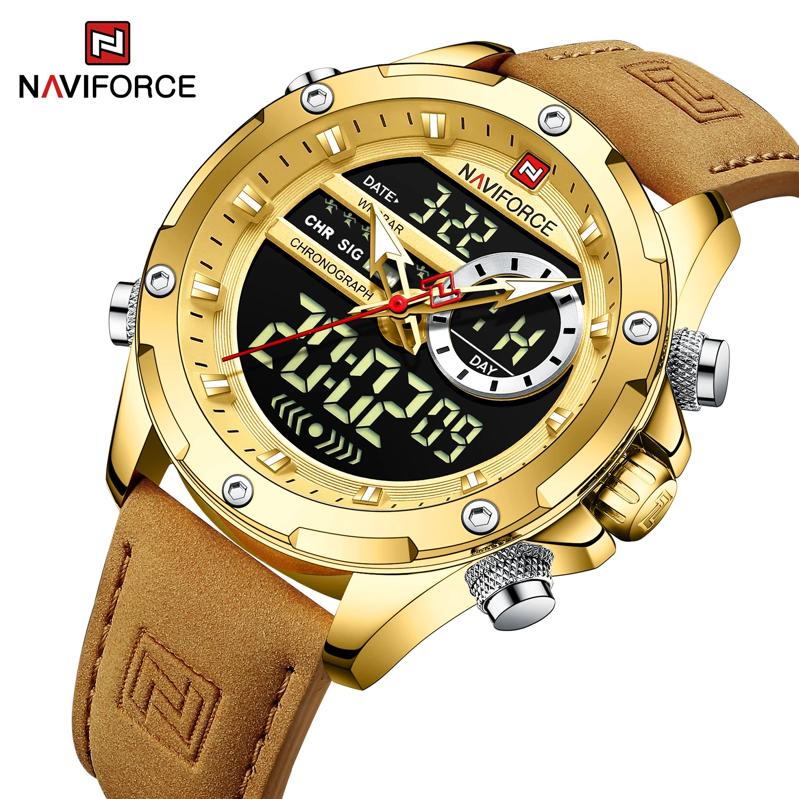 New Arrival NAVIFORCE 9208 Genuine Leather Strap Auto Date Analog LED Digital Quartz Watches For Men