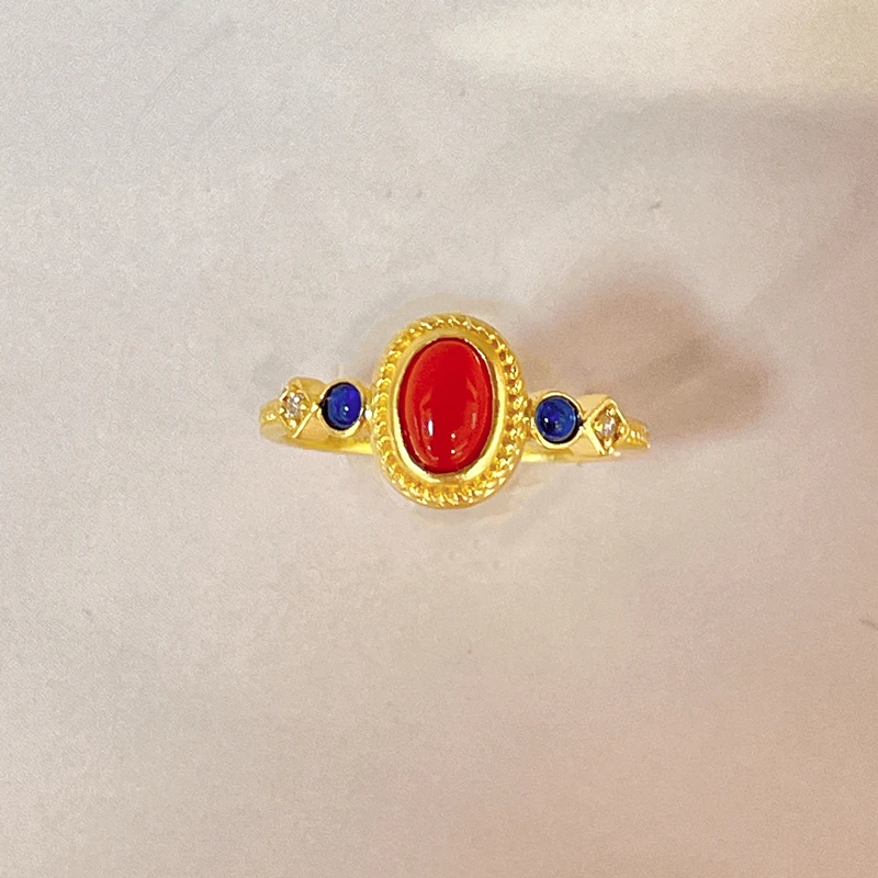 Golden Carnelian Enamel Mini Palace Sparrow 14K Gold Ring - Solid Gold Wedding Band for Women