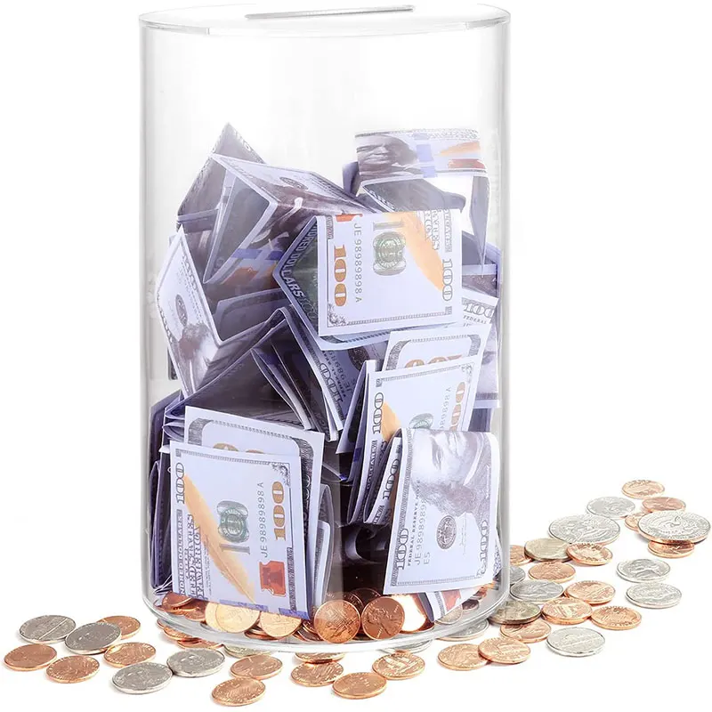 Factory Price Round Sturdy Acrylic Piggy Bank Transparent Saving Money Bank Cash Coins Piggy Bank