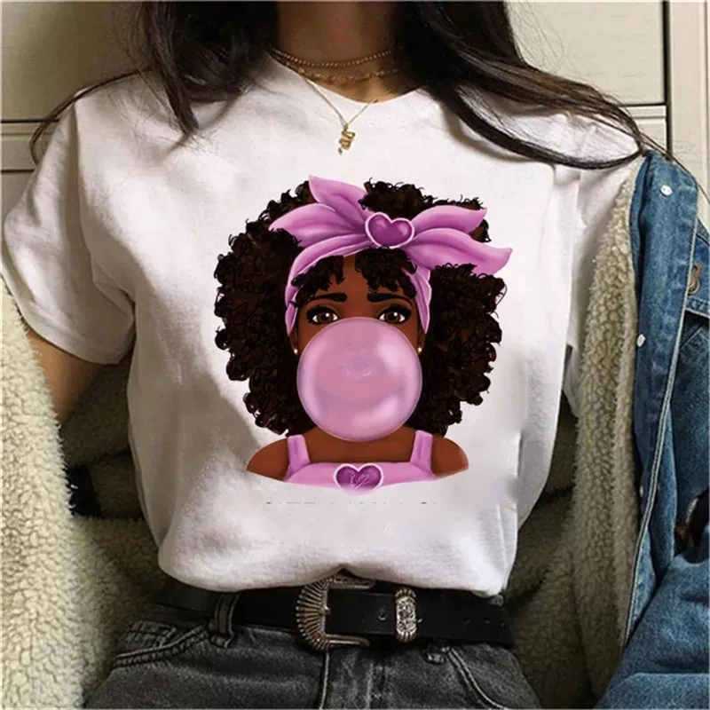 Women Curly Hair Girl Black Shirt Girl Harajuku Casual White Top T Shirt Summer Female Short Sleeve Cotton T-Shirt
