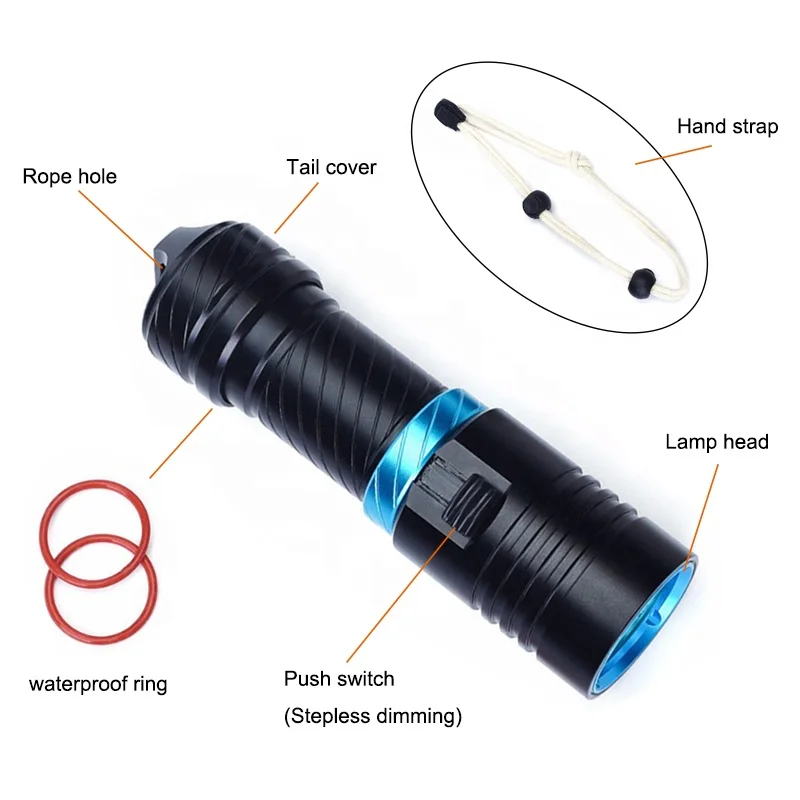 mini led diving Light Torch 1000LM XM-L2  spearfishing yellow color beam 18650 26650 rechargeable dive light flashlight