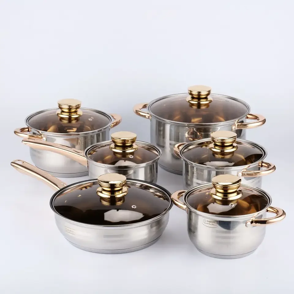 High Quality Easy Clean Cookware Sets Stainless Steel 201/304 Gold Plated Handles Oem Acceptable