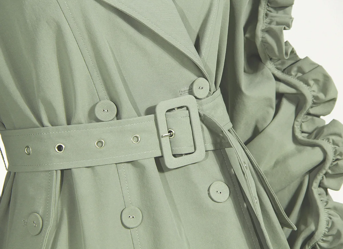 Женское двубортное длинное пальто, элегантная Ветровка-Тренч выше колена с оборками