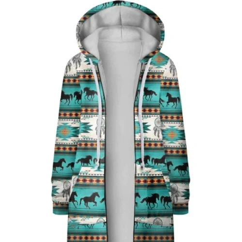 Cowgirl Winter Duster Serape Long Turquoise Orange Aztec Cardigan With Hoodie For Southwest Woman