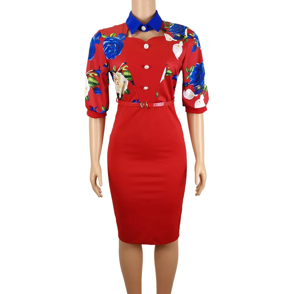 summer Women Casual Office Lady Dresses turn down collar floral print Elegant Business Bodycon Vestidos workwear Sheath