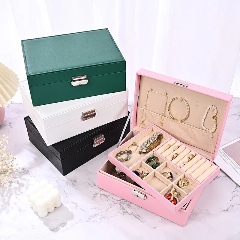 Wholesale Jewelry Packaging Household Ring Earrings Necklace Bracelet Double Layer Jewelry Box with Lock