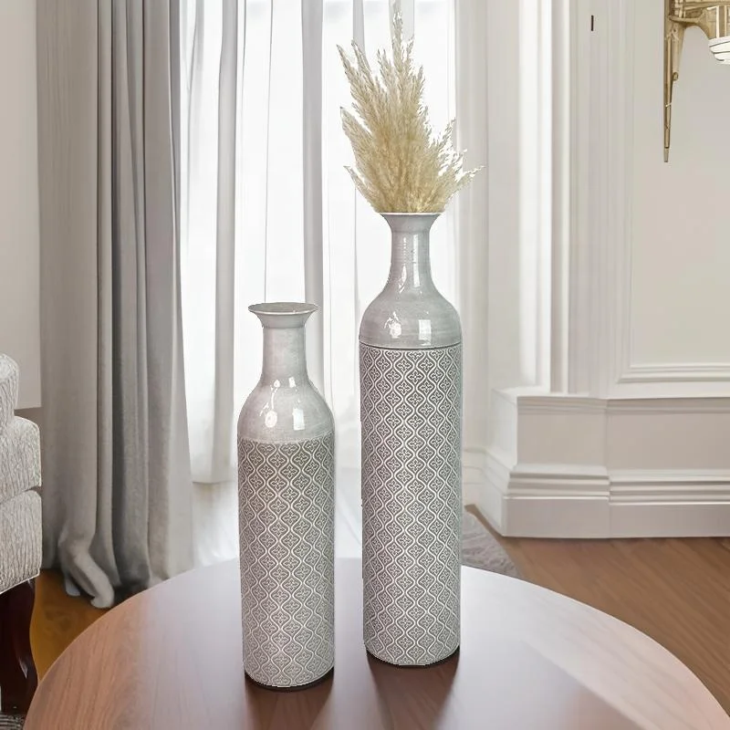 Lander Set of 2 Floor Tall Terra Cotta Texture Metal Flower Vase for Living Room