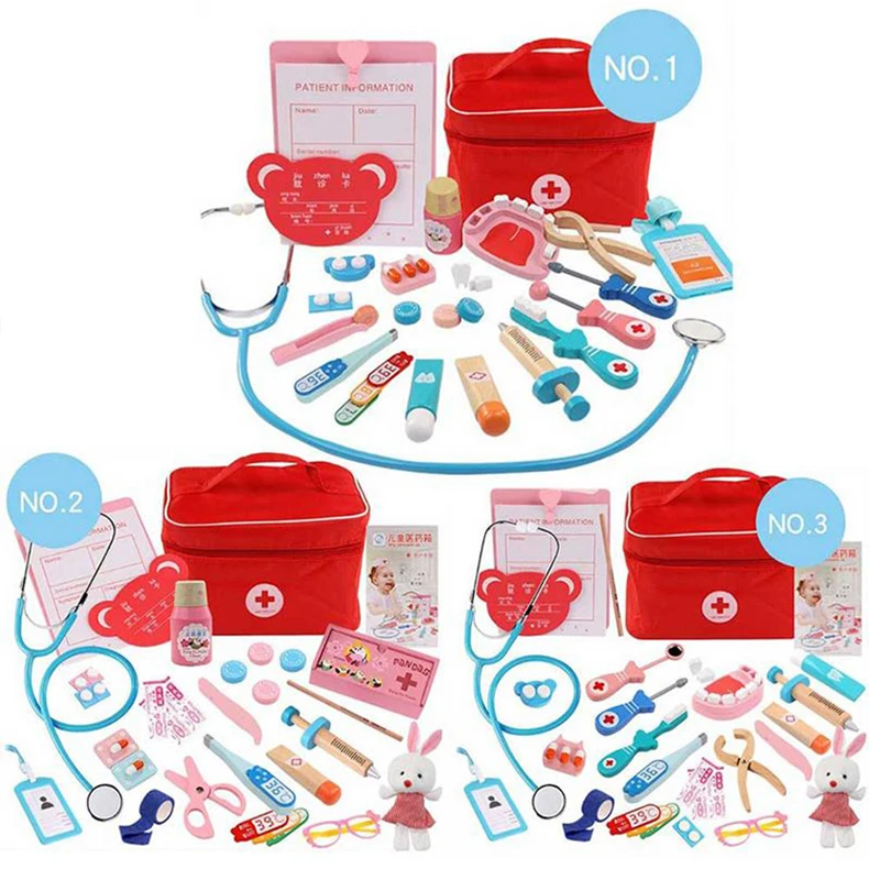 Doctor Toys for Children Set Kids Wooden Pretend Play Kit Games for Girls Boys Red Medical Dentist Medicine Box Cloth Bags