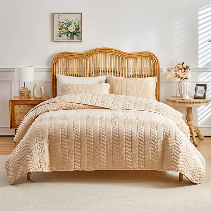Twin Size Bedspread Set 3pcs Microfiber Bedding With Pillowcase Full Hotel White Wheat Sheaf Solid Patchwork Quilt Set