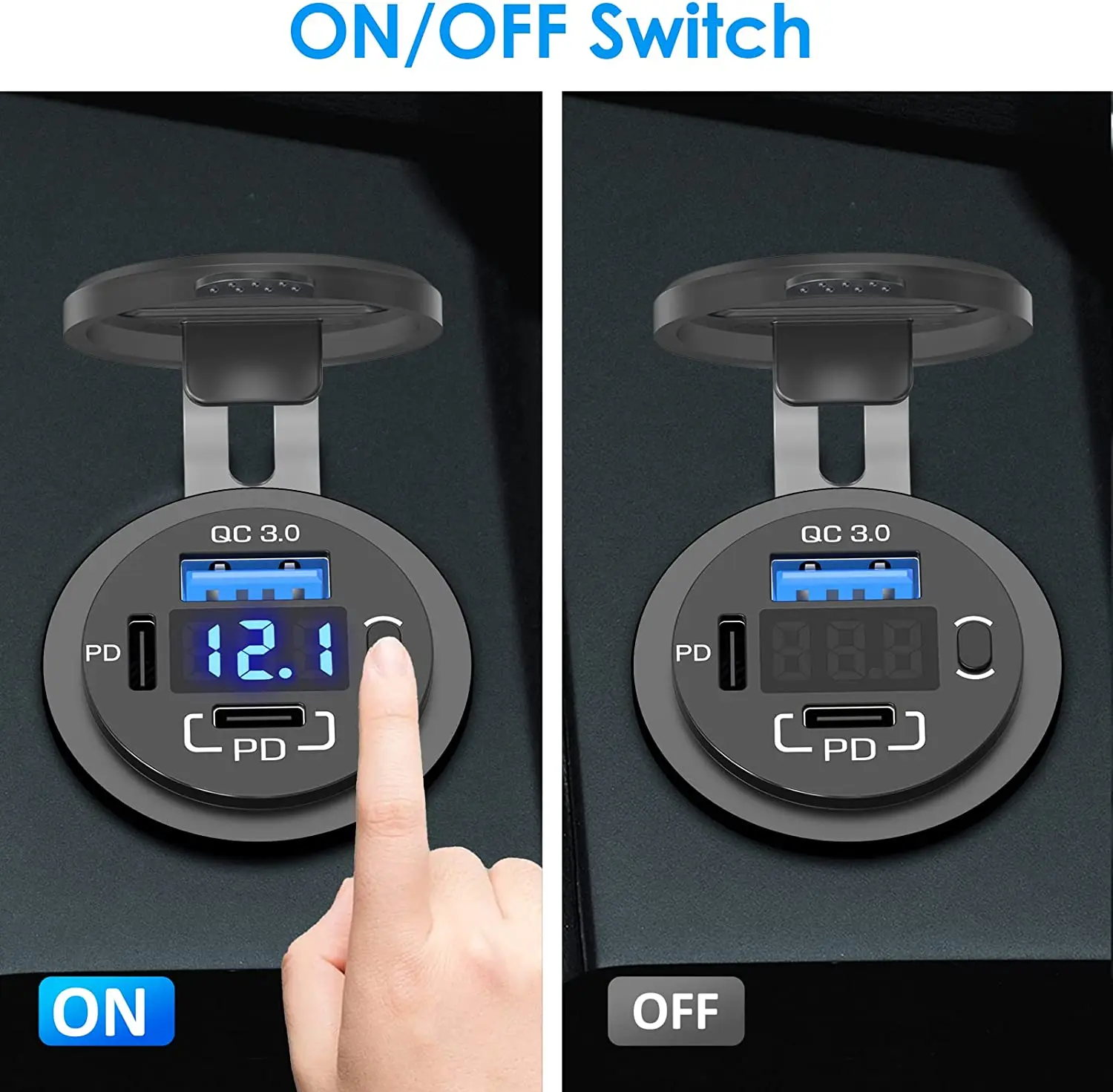 ON OFF Switch Control 3 Port PD USB Type C Car Fast Charger Socket With Voltage Display And Dust Cover