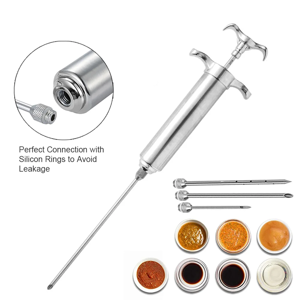 Amazon Hot Sale  2oz Heavy duty 304 Stainless Steel Meat Marinade Injector with 3Needles Turkey meat seasoning Injector Syringe