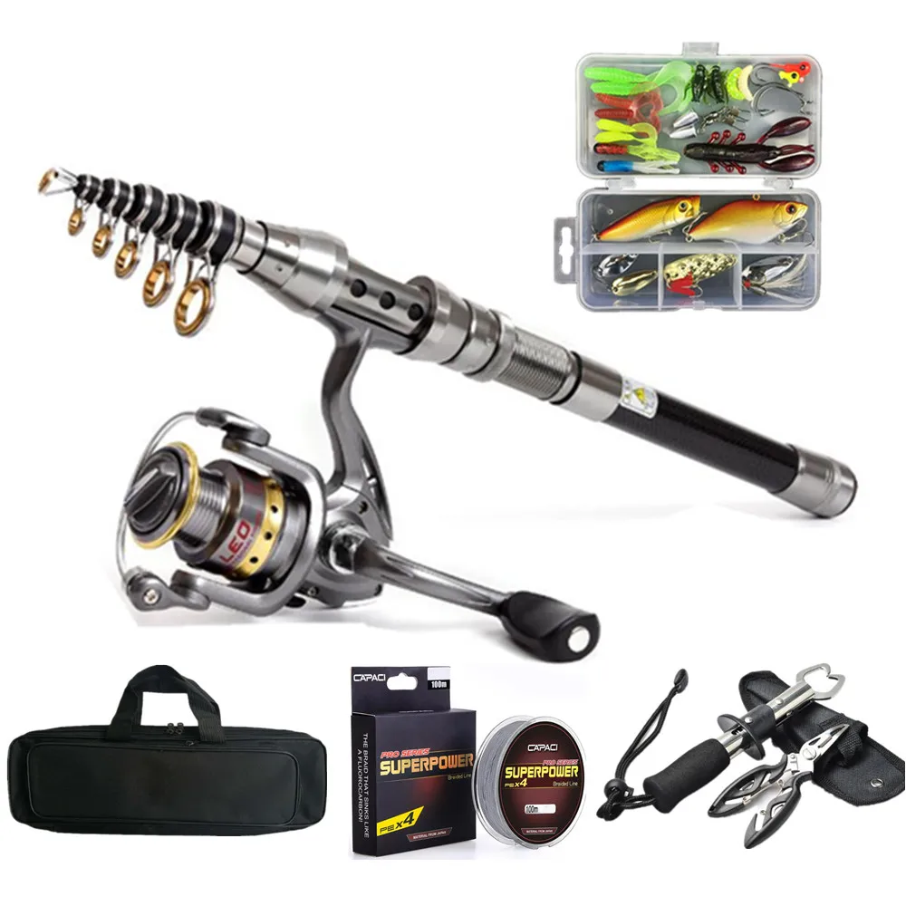 New 1.5m-2.4m Black Telescopic Fishing Rod and Reel Combo Lures Hooks Bag