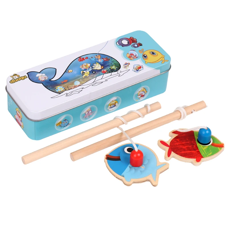 
Eco-friendly colorful children toy wooden educational magnetic iron box fishing game toys 