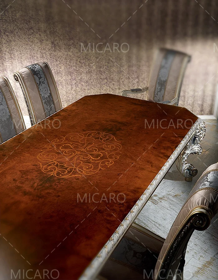 Luxury exquisite unique hand carving gilding Italian style solid wood Rectangular glass top dinning table with 8 seater