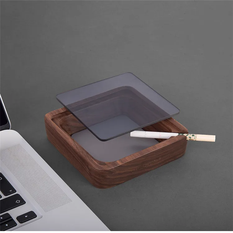 
Hot selling Wooden Ash tray Cendrier with Glass Cover Walnut Color Bamboo Ashtray 