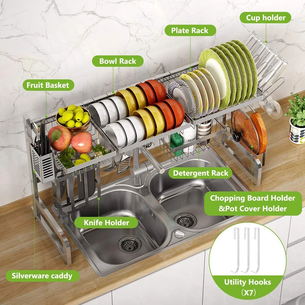 Over the Sink Dish Drying Rack Adjustable 2-Tier Large Dish Dryer Rack for Kitchen Organizer Storage Space Saver