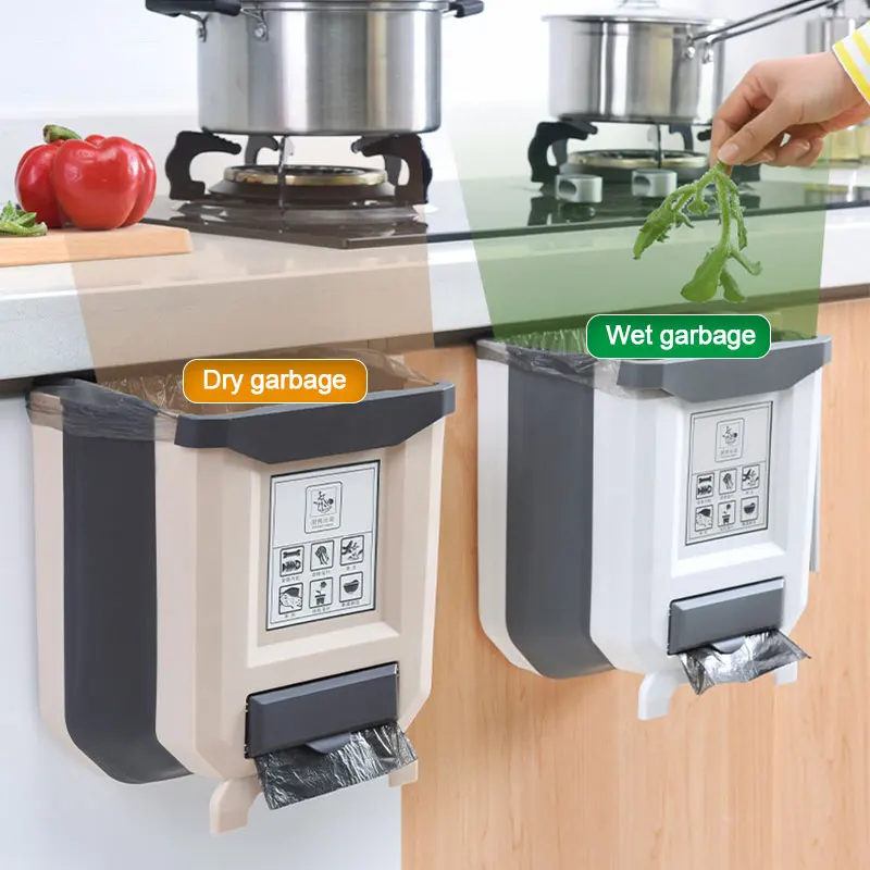 Kitchen Wall-mounted Folding Trash Can Household Cabinet Hanging Storage Trash Basket Creative Classification Hanging Trash Can