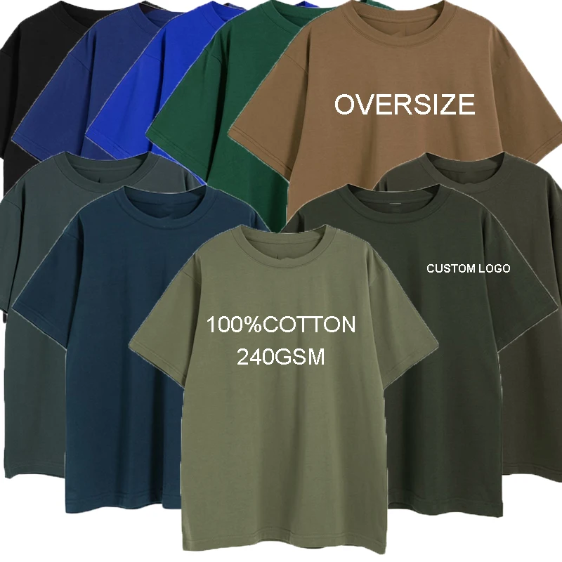 solid color unisex 100% Cotton 240gsm mens Tops O-neck Sport custom logo multi color  oversize blank T Shirts