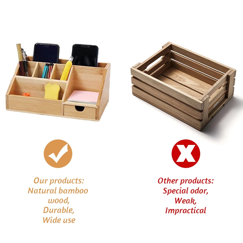 Bamboo Desktop Storage Box Natural Wooden Office Pen Holder Multifunction Stationery Splicing Pencil Cosmetic Desk Organizer