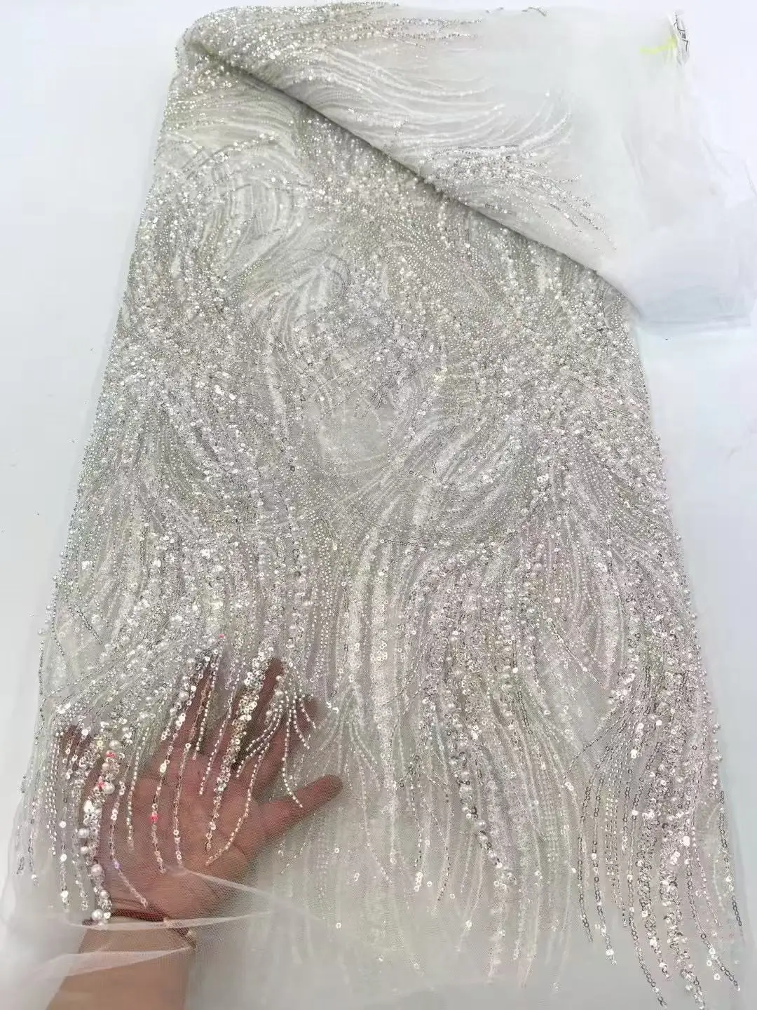 KXH274 Beautiful Heavy Handmade Lace Material Nigerian Sequins Beads Embroidery Fabrics for Evening Party