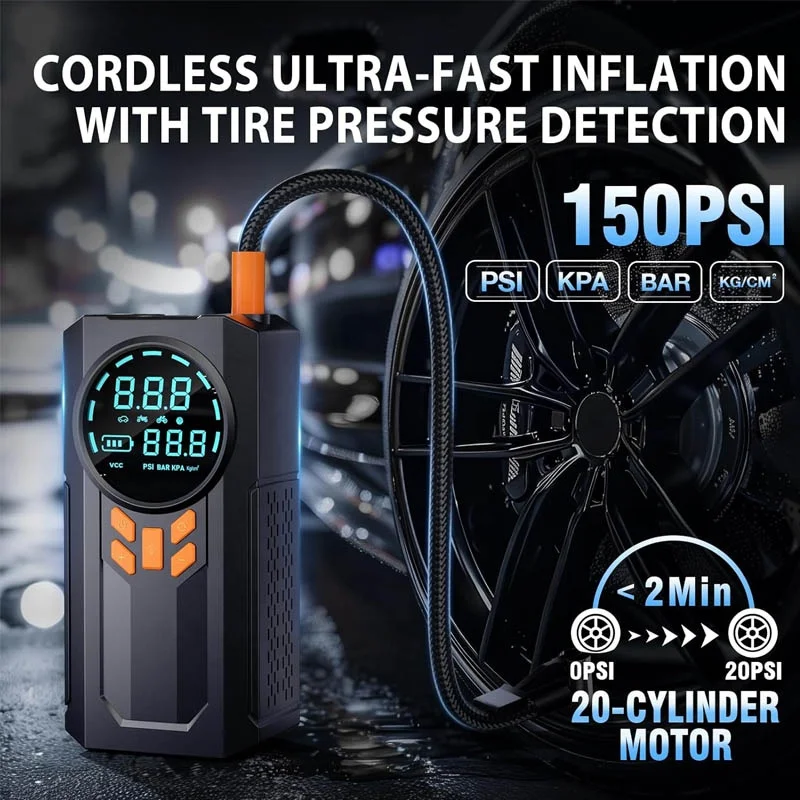 2024 Wholesale New 12V Car Air Pump with Emergency LED Light Portable 8000mAh Jump Starter Battery Tire Inflator